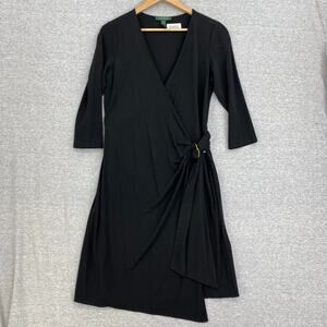 Lauren Ralph Lauren Dress Womens 10 Black Wrap V Neck Knee Length Classic Career